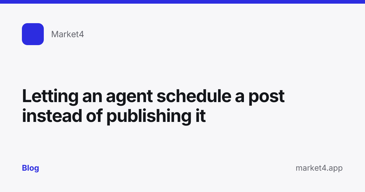 “Letting an agent schedule a post instead of publishing it” — Blog card — for Market4