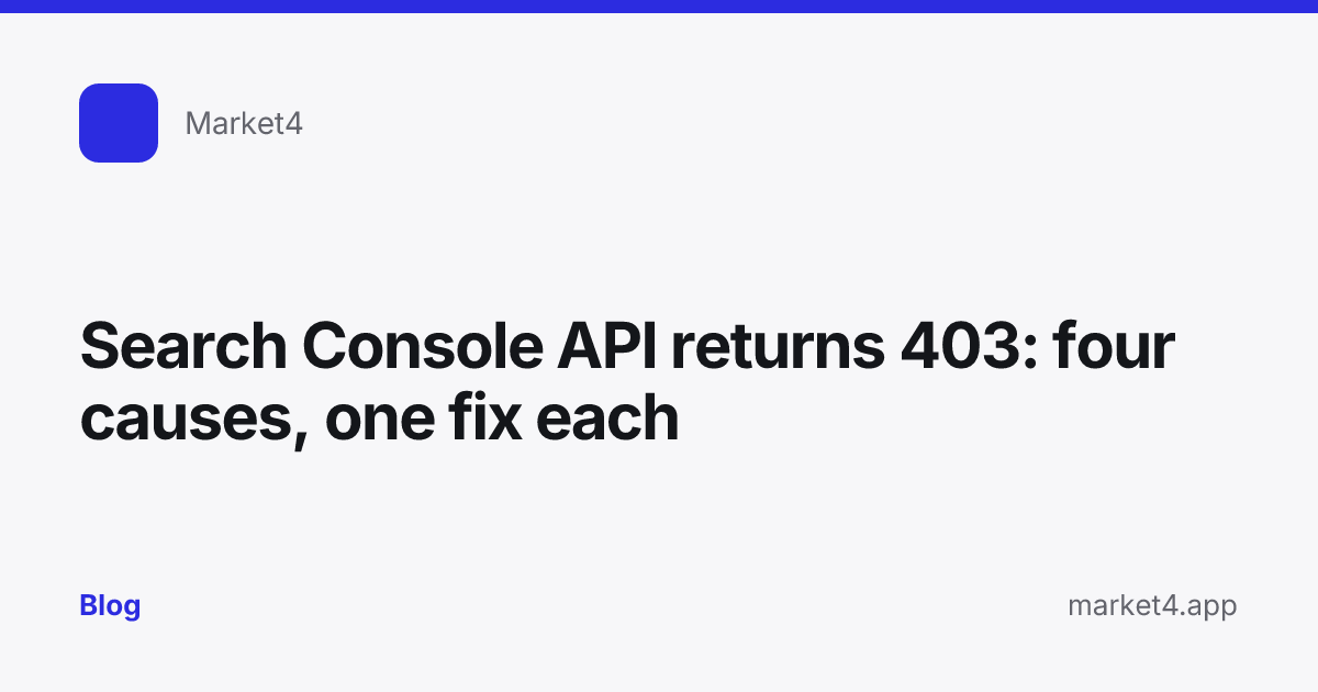 “Search Console API returns 403: four causes, one fix each” — Blog card — for Market4