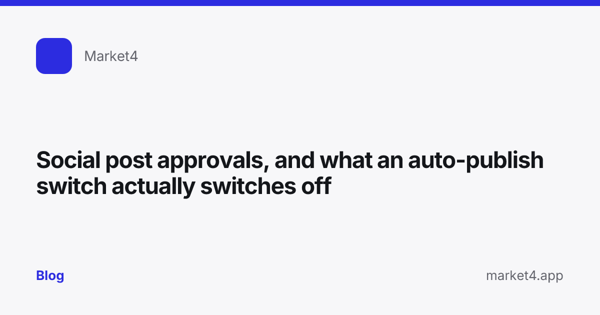 “Social post approvals, and what an auto-publish switch actually switches off” — Blog card — for Market4