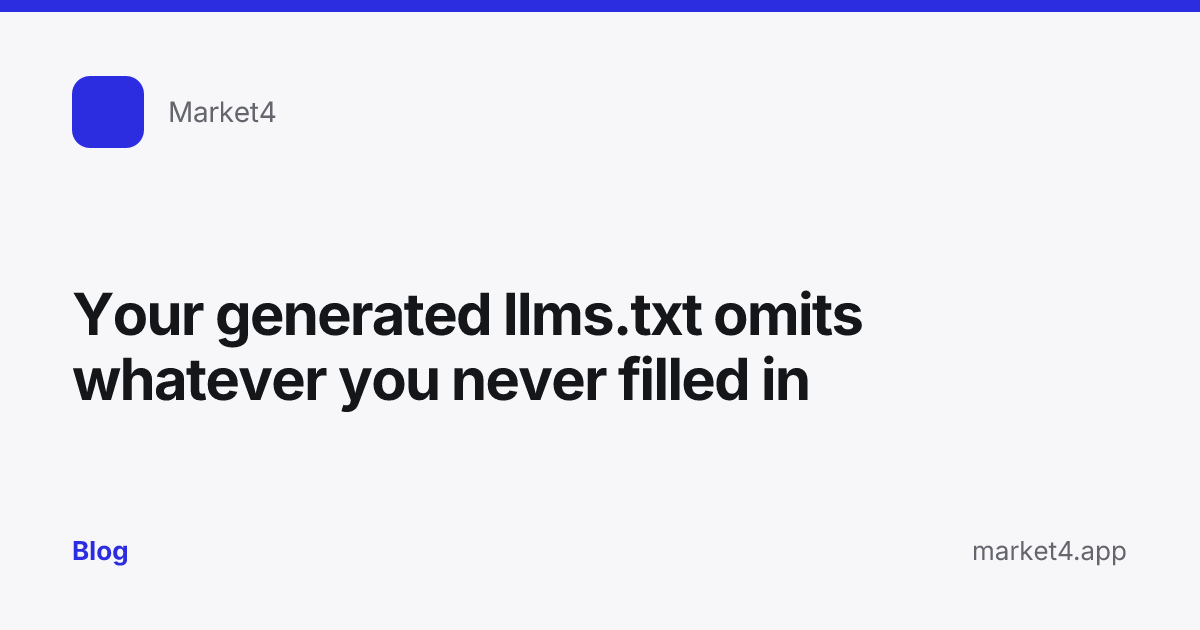 “Your generated llms.txt omits whatever you never filled in” — Blog card — for Market4
