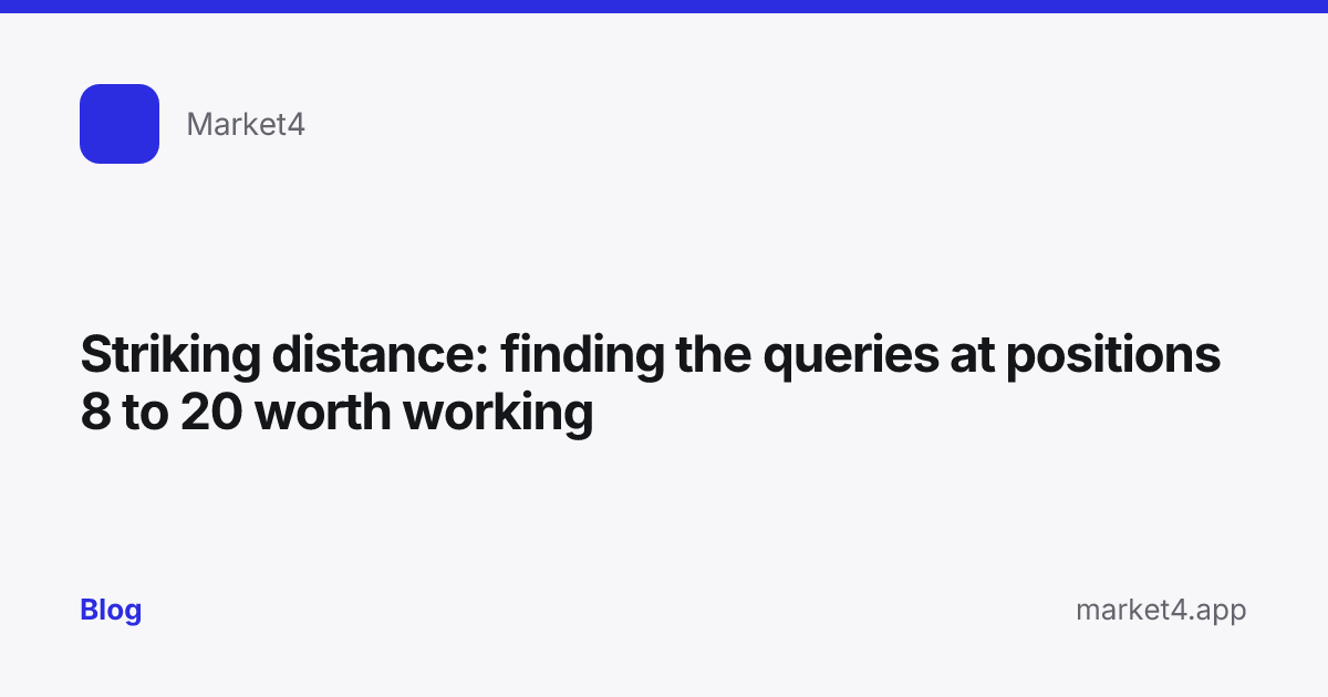 “Striking distance: finding the queries at positions 8 to 20 worth working” — Blog card — for Market4