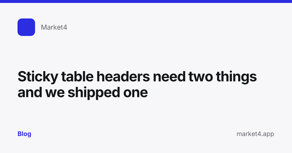 “Sticky table headers need two things and we shipped one” — Blog card — for Market4